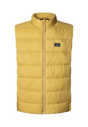 Chaleco acolchado amarillo sin mangas con un alto cuello, cremallera frontal, textura acolchada uniforme y una pequeña etiqueta de marca cerca del dobladillo.