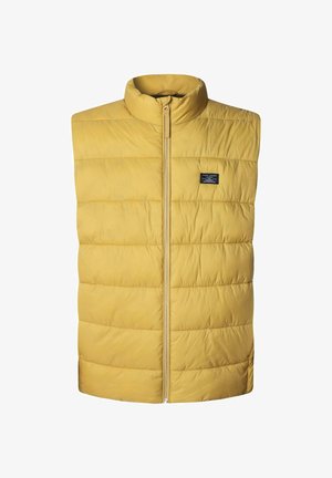 Kollane, suletteta voodriga sviiter kõrge kaelusega, esine tõmblukk, ühtlaselt jaotatud tikanditöö, ja väike brändi silt hemmi lähedal.