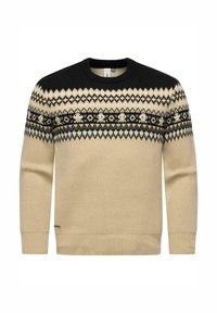 Beige genser med svart øvre del. Har et fair isle-mønster i svart, krem og hvitt. Rund hals og ribbestrikkede mansjetter.