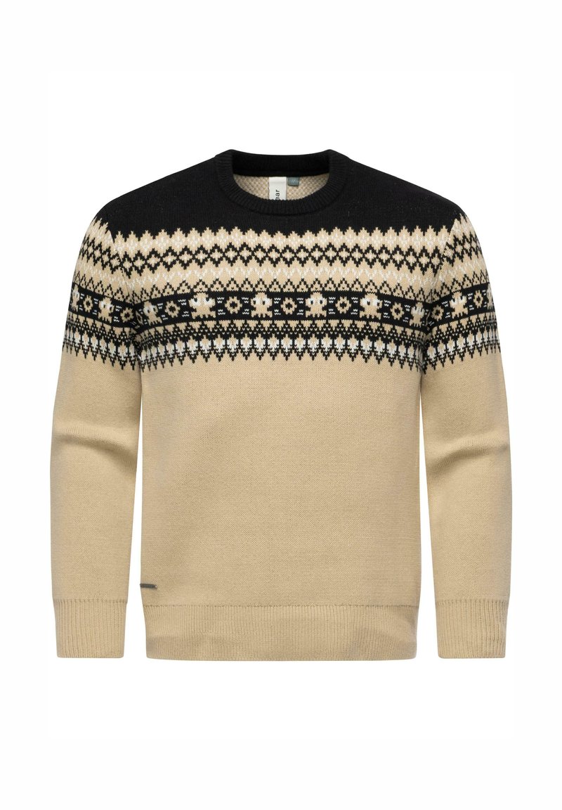 Beige genser med svart øvre del. Har et fair isle-mønster i svart, krem og hvitt. Rund hals og ribbestrikkede mansjetter.