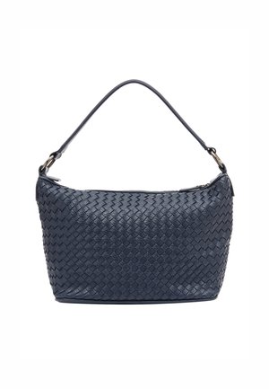 Geflochtene Lederhandtasche in Marineblau, mit strukturiertem Design, einzelnem Schultertrageriemen und einem Reißverschluss oben. Sanfte Textur mit detailliertem Geflecht.