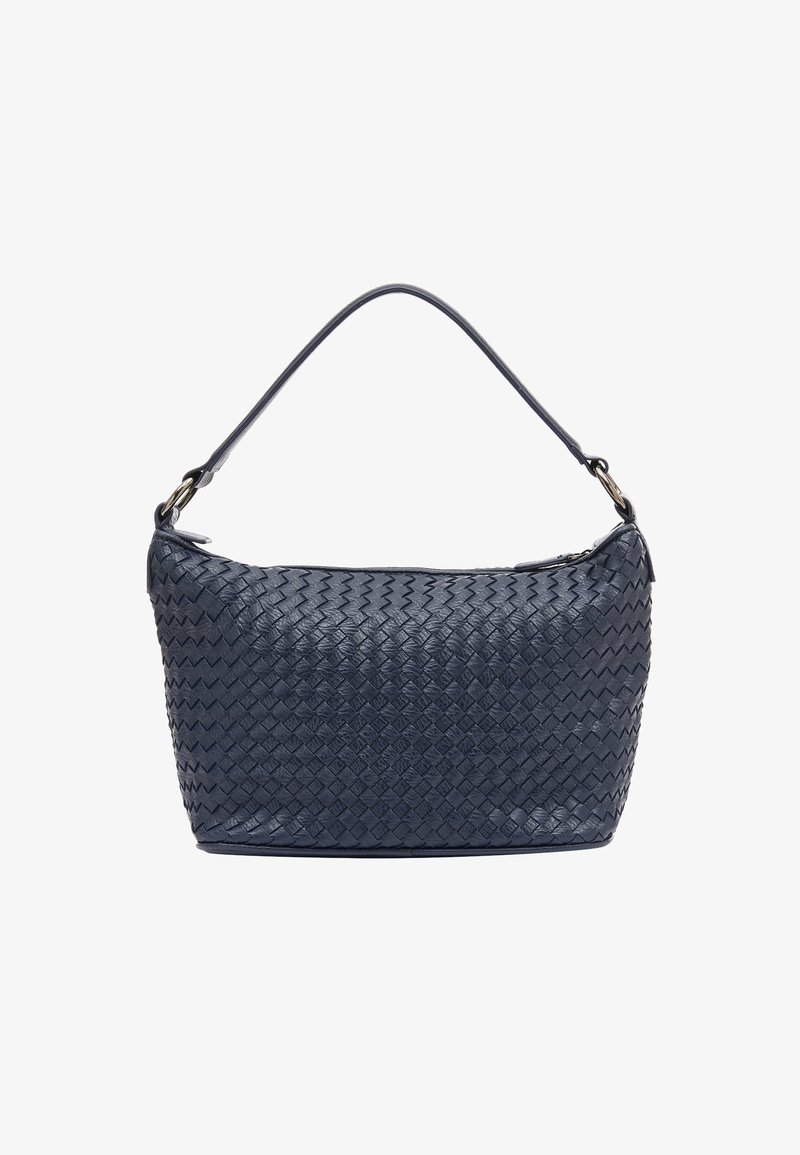 Torebka z plecionej skóry w granatowym kolorze, o wyraźnym kształcie, z pojedynczym paskiem na ramię i zamknięciem na suwak na górze. Gładka tekstura z dokładnym splotem.