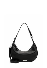 Bolso de hombro de cuero negro con forma curva, correa ajustable y un acabado elegante. Presenta un acento de hardware plateado en la parte delantera.