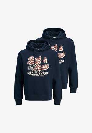 Mørkeblå Jack & Jones hættetrøjer med snoretræk, der har teksten "Denim Goods Superior Quality Durable Wear" trykt i hvid og lyserød.
