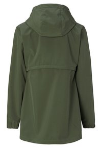 Olivgrön vattentät jacka med huva, elastiska ärmslut och detaljer på ryggen. Slät textur med minimalistisk design.
