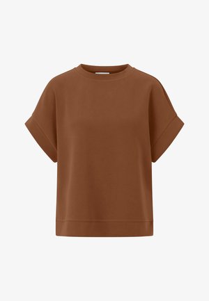 Maglietta marrone a maniche corte, vestibilità ampia, con risvolti sulle maniche e scollo rotondo, mostrata su sfondo bianco.