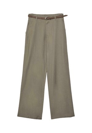 Pantalon beige à jambes larges avec poches latérales et ceinture fine marron avec boucle argentée, présenté sur fond blanc.