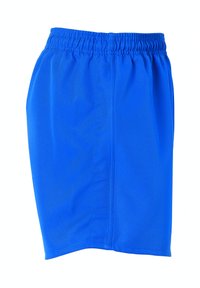 Blauwe sportshorts van lichtgewicht stof, met een elastische tailleband en een eenvoudig, recht gesneden ontwerp. Gladde textuur.