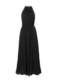 Schwarzes Maxikleid mit Halterneck und Rosettendetail. Hergestellt aus leichtem Stoff, mit gerafftem Taillendesign und gestuftem Schnitt.