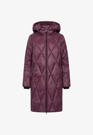 Gepolsterter Mantel in tiefem Lila, mit einem Rautenmuster, Trichterkragen, Kapuze und schwarzen Akzenten an den Ärmeln und dem Reißverschluss.