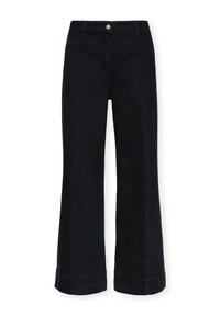 Pantalones de mezclilla de pierna ancha en color negro, con cierre de botón, costuras decorativas y dobladillos acampanados. Textura suave con un color uniforme.
