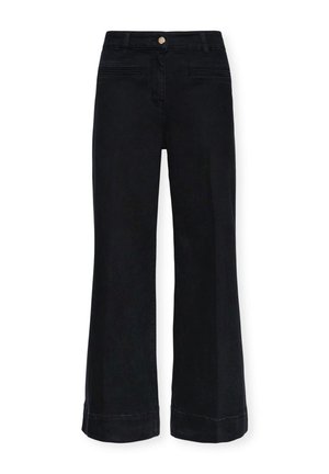 Pantaloni larghi neri in denim, con chiusura a bottone, cuciture a contrasto e orli risvoltati. Texture liscia con colore uniforme.