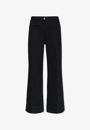 Zwarte wijde jeans met een knoopsluiting, accentstiksels en opgerolde zoom. Gladde textuur met een uniforme kleur.