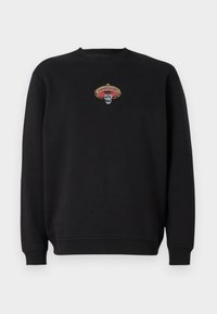 Black sweatshirt made of cotton, featuring a colorful embroidered skull with a sombrero. Classic crew neck and ribbed cuffs.