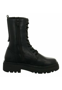 Bottine en cuir noir à lacets avec une fermeture éclair sur le côté, semelle épaisse et détails texturés le long des œillets. Logo sur le talon.