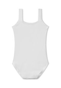 Body senza maniche bianco con spalline sottili, una texture liscia e un design semplice con scollatura rotonda e vestibilità aderente.