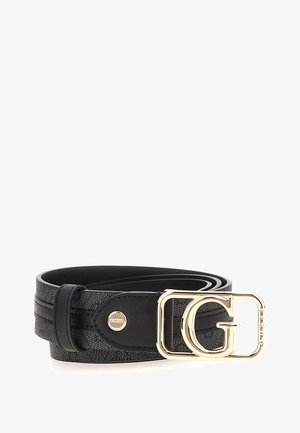 Cintura in pelle nera con superficie texture, dotata di una fibbia in metallo dorato incisa con una grande "G" e doppie cuciture lungo la cintura.