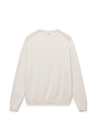 Sudadera color crema con mangas largas, puños y dobladillo acanalados, y un cuello redondo. Presenta un sutil bordado a lo largo de las costuras de los hombros.