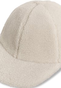 White fleece cap with a rounded crown, featuring stitched panels and a curved visor. Soft texture with a fluffy appearance.