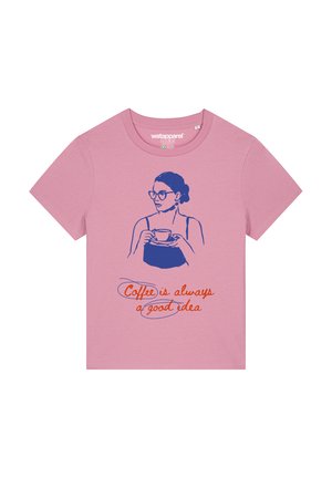 Pink cotton T-shirt featuring a blue graphic illustration of a person holding a cup, with the text "Coffee is always a good idea" in red.