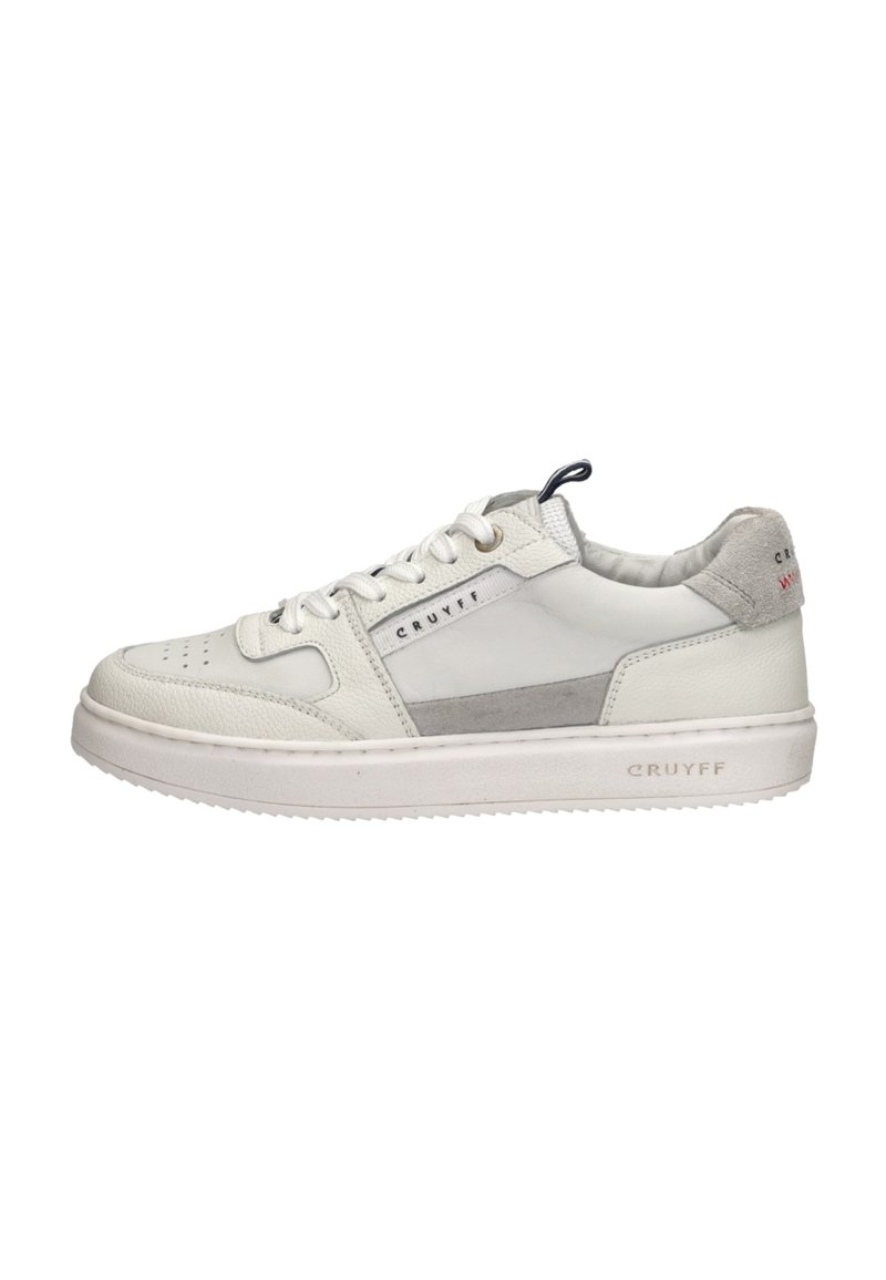 Witte leren sneakers met grijze suède accenten, geperforeerde neus, ronde veters en een subtiele logo op de zijkant en hiel. Platte rubberen zool.