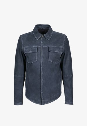Donkerblauwe leren jas met lange mouwen, kraag, knoopsluiting aan de voorkant en twee borstflappenzakken.