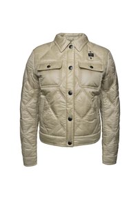 Padded jacket v světlé béžové barvě s kosočtvercovým prošíváním, s špičatým límcem, dvěma předními kapsami, černými knoflíky a elastickými manžetami.