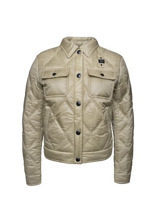 Gevoerde jas in lichtbeige met ruitpatroon, featuring een puntige kraag, twee voorzakken, zwarte knopen en elastische manchetten.