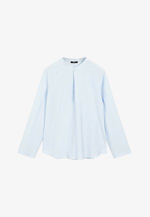 Chemise à manches longues bleu clair avec un col rond, comportant un détail de boutons à l'avant et une coupe décontractée. Texture douce et lisse.