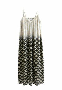 Robe maxi avec un motif géométrique beige et noir, en tissu léger. Avec des bretelles fines et un bas évasé.