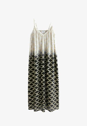 Maxi kleita ar bēšu un melnu ģeometrisku rakstu, izgatavota no viegla auduma. Aprīkota ar plānām siksnām un izplestu apakšu.