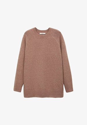 Light pink, long-sleeve sweater made of soft, textured material. Features a crew neckline and ribbed hem and cuffs. Simple, unadorned design.