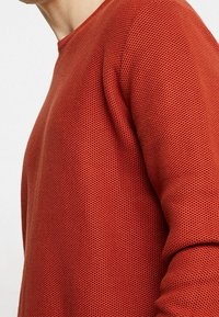 Red knit sweater featuring a textured, patterned fabric with a crew neckline and long sleeves, displayed from a side angle.