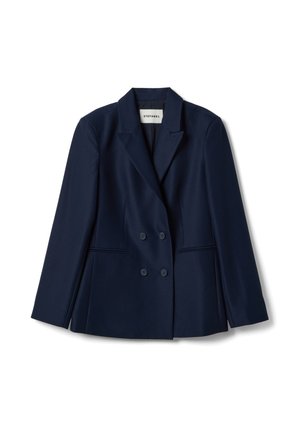 Marineblauer, doppelt geknöpfter Blazer mit strukturierten Revers, zwei Fronttaschen und Knopfverschluss; glatter Stoff mit maßgeschneiderter Passform.