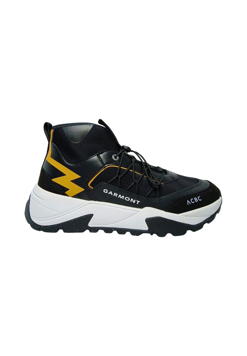 Black and yellow athletic shoe with a textured upper, white sole, and zigzag accent. Features a lace-up design and branding on the side.