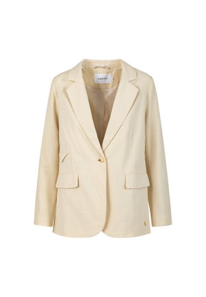 Beige single-button women's blazer with notch lapels, two front flap pockets, and long sleeves, labeled Coster.