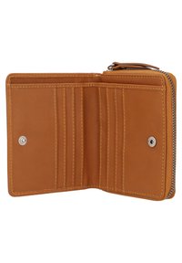 Brown leather wallet interior with multiple card slots, snap button closure, and a zippered compartment along the edge. Smooth texture.