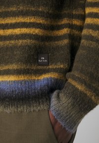 Gros plan d'un pull en laine rayé marron, jaune et bleu avec une étiquette noire Paul Smith sur le torse et une main dans la poche d'un pantalon vert.