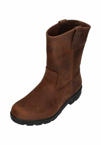 Bruine leren enkellaars met een gladde textuur, ronde neus, lage rubberen zool en trekloze aan de zijkanten voor gemakkelijke instap.