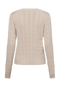 Beige Kabelstrickpullover mit strukturiertem Design, geripptem Saum und Bündchen sowie einer leicht taillierten Silhouette. Rückansicht angezeigt.