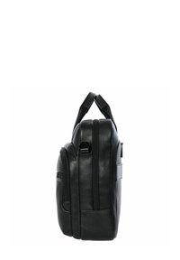 Sacoche pour ordinateur portable en cuir noir avec deux poignées supérieures, texture lisse, deux compartiments zippés et une poche latérale pour un rangement supplémentaire.