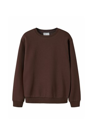 Sweat-shirt marron uni à manches longues avec col rond, poignets et ourlet côtelés, présenté sur fond blanc.