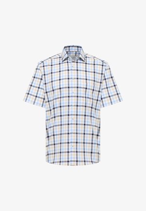 Short-sleeve button-up shirt with blue, beige, and black checkered pattern and pointed collar against a white background.