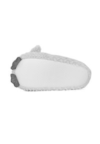 Pantofole grigie chiare con texture morbida, suola bianca piatta e dettagli decorativi grigi sul tallone. Forma arrotondata con dettagli in peluche.