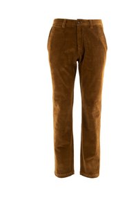 Bordeauxkleurige corduroybroek met een rechte snit, voorzien van een klassieke tailleband en knoopsluiting aan de voorkant. Zachte, gestructureerde stof met zichtbare ribbels.