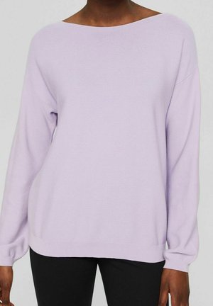 Maglione lilla con ampia scollatura a barca, maniche lunghe e texture a coste; tessuto morbido con una vestibilità rilassata e orlo dritto.