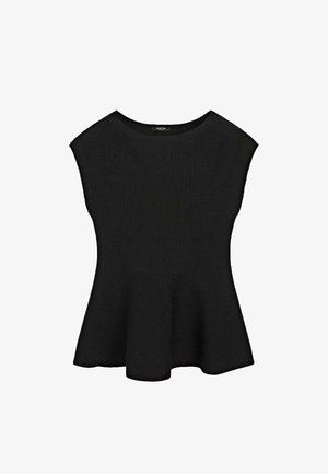 Zwart mouwloos peplumtopje met een ronde halslijn en een getailleerde taille die uitloopt bij de heupen.