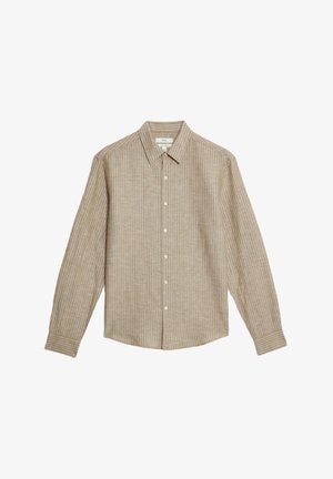 Chemise à manches longues et à boutons dans un motif à carreaux beige et crème. Dotée d'un col classique et de boutons sur le devant avec une texture douce.