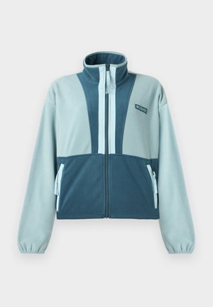 Jasno niebieska i morska kurtka polarowa z pełnym zamkiem błyskawicznym, wysokim kołnierzem, dwoma przednimi kieszeniami na zamek oraz logo Columbia na piersi.