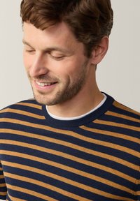 Maglione a righe blu e giallo con scollatura rotonda e polsini a coste, caratterizzato da una superficie liscia e una vestibilità aderente.